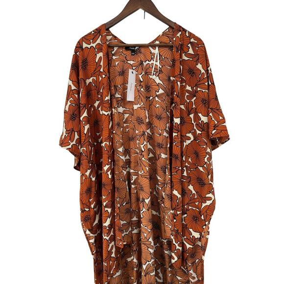 AaKaa Orange Floral Open Front Cardigan Kimono High Low Women's One Size NEW!!! - Picture 2 of 7